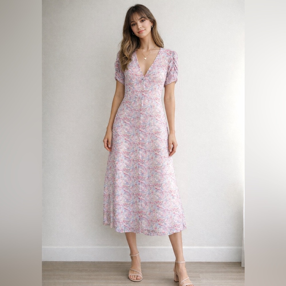 En Saison Pink Purple White Floral Button Down Dress Cinched Sleeves